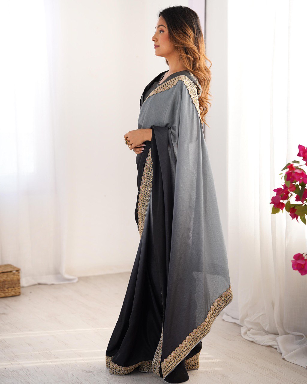 "Elegance in Midnight Hues: A Graceful Blend of Charcoal and Steel Blue"