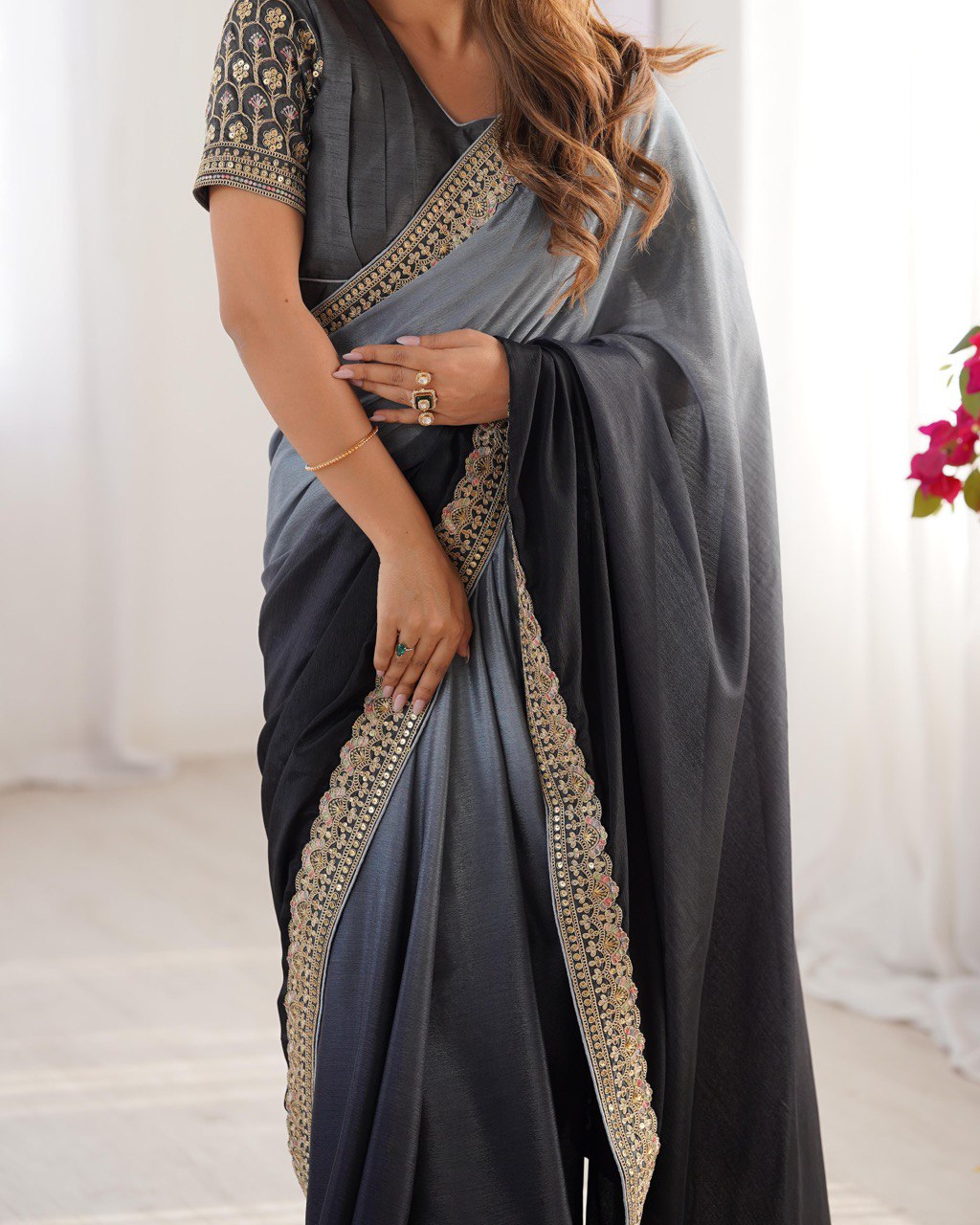 "Elegance in Midnight Hues: A Graceful Blend of Charcoal and Steel Blue"