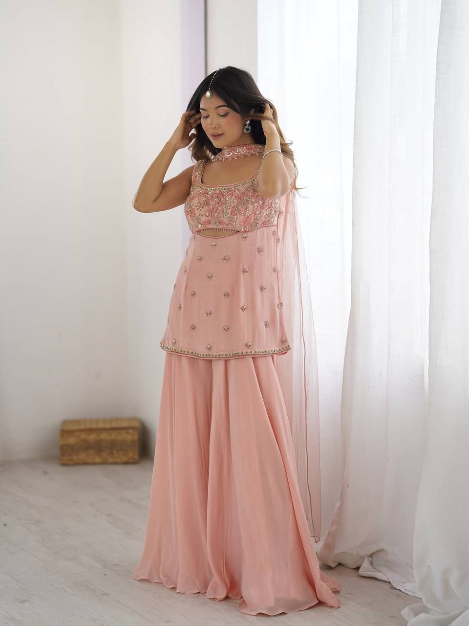 DESIGNER WEAR INDO WESTERN PAIR IN THREE PIECE WITH SEQUENCE EMBROIDERY WORK