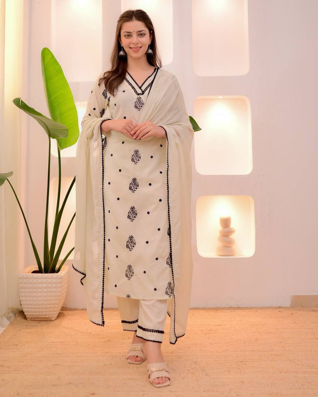 EXCLUSIVE  AND COMFORTABLE WEAR KURTA PANT AND DUPATTA WITH EMBROIDERY WORK