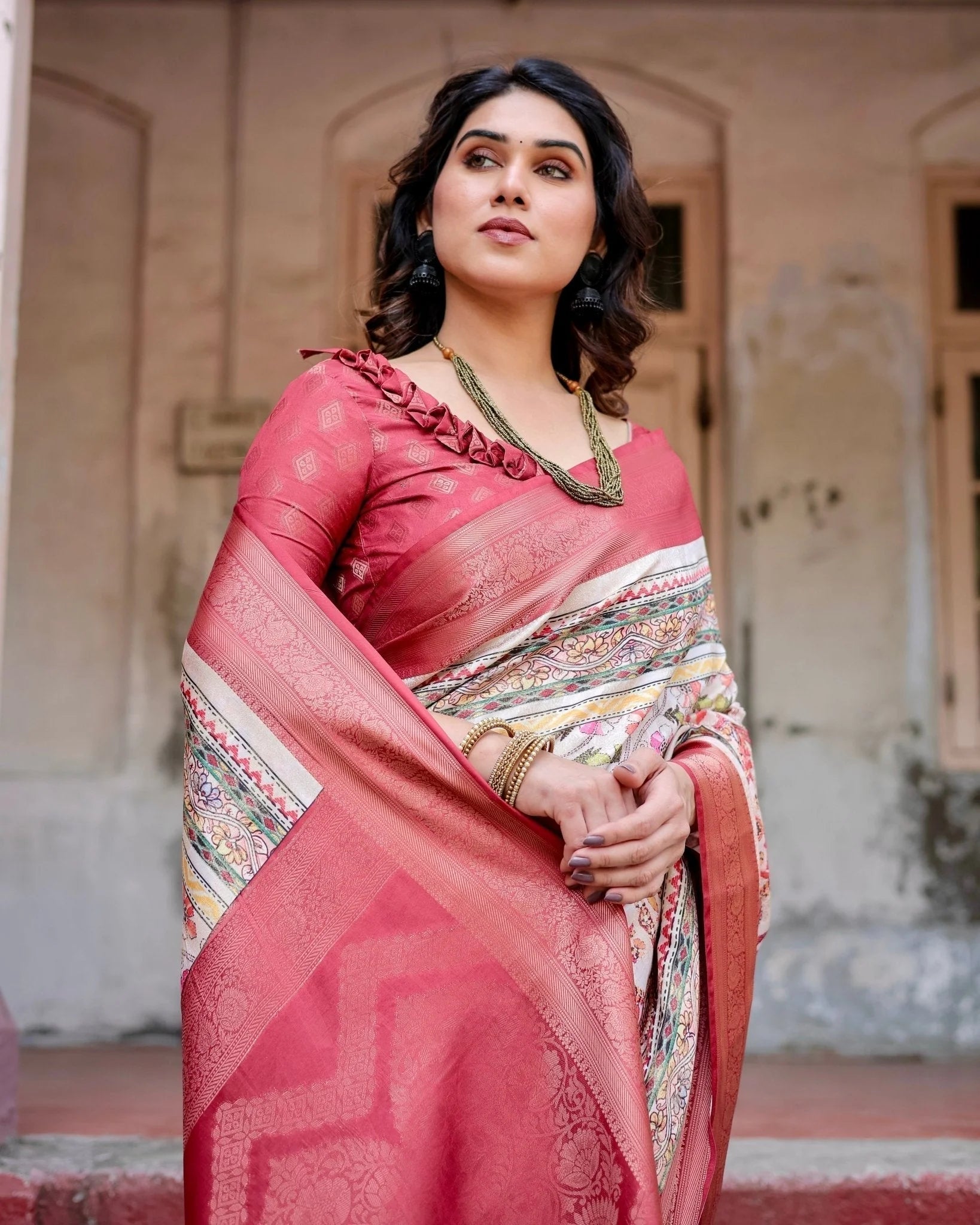 Red and Multicolor Digital Print Banarasi Silk Saree with Zari Weave and Tassel-Adorned Pallu